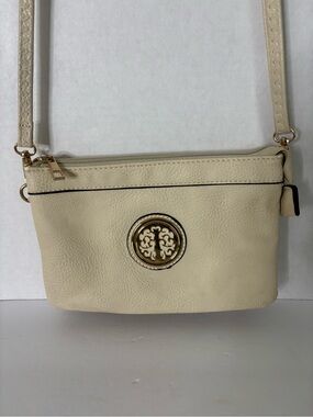 Euro Trends Cream Crossbody with Gold Medallion Accent